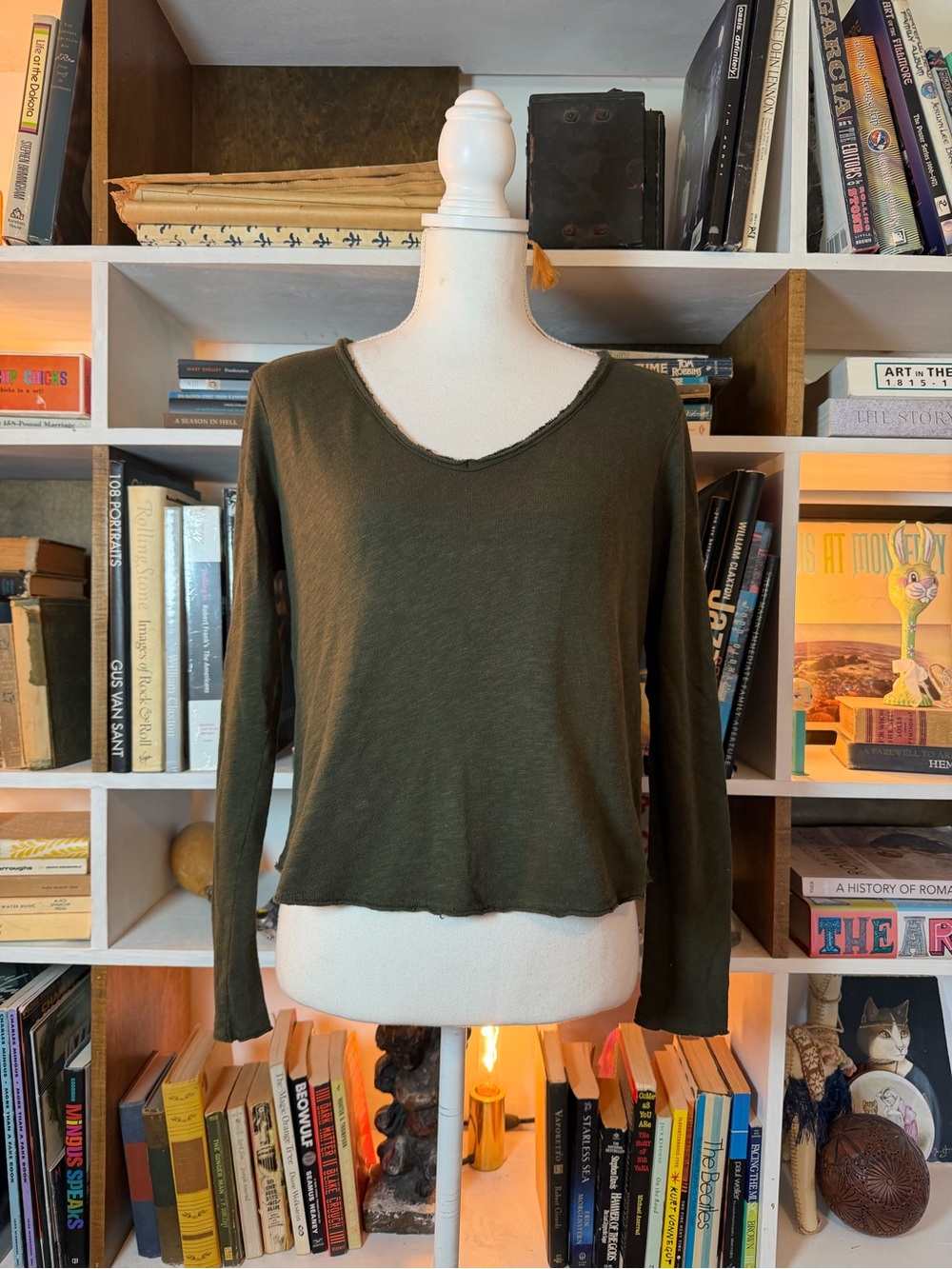 Women's Olive Green Long-Sleeve V-Neck Top